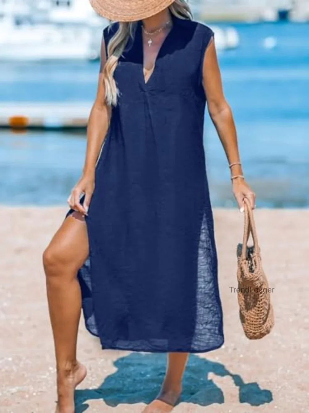Sleeveless V Neck Midi Beach Cover Up Dress Side Split Cardigan